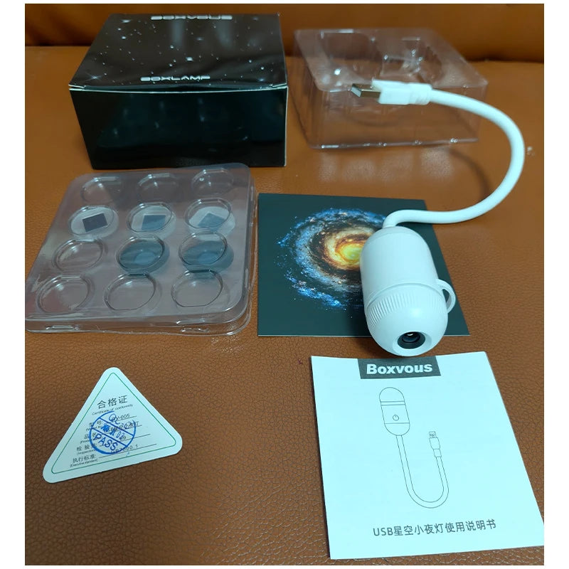 Projecteur ciel étoilé adulte et enfant – lampe bleue, coffret et notice en caractères étrangers