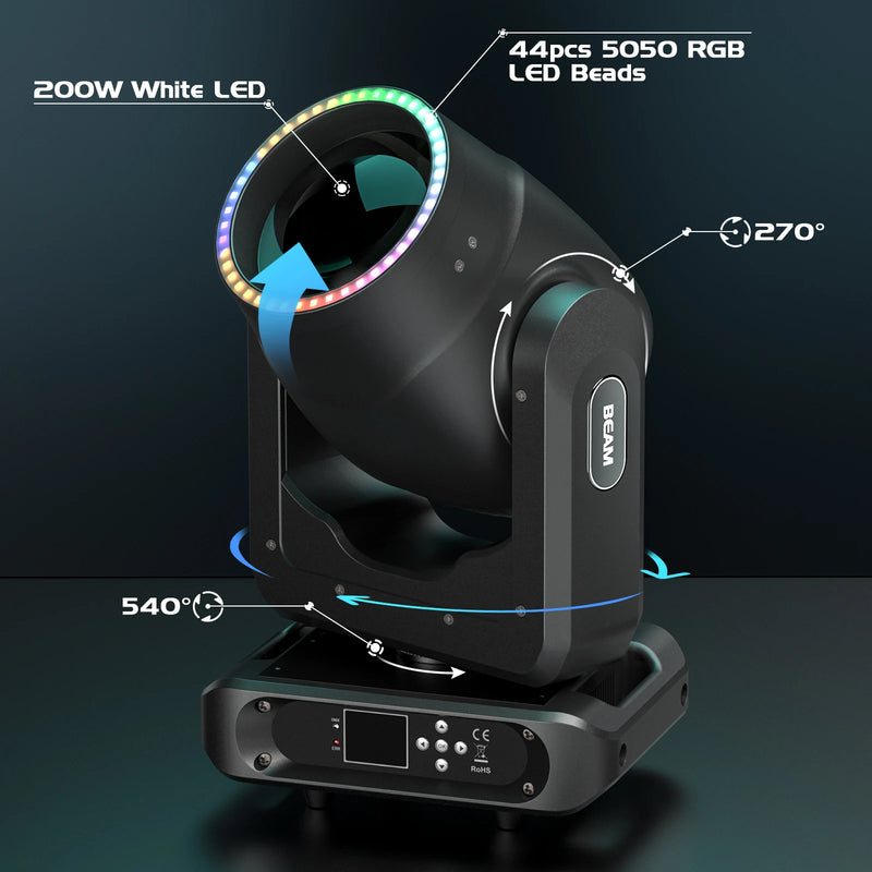 Lyre beam LED 200 W à anneau RGB, 17 gobos, prismes 8 + 16, DMX 20 canaux