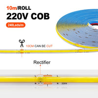 Bande LED COB 220 V – rouleau de 10 m, coupe tous les 10 cm et redresseur intégré