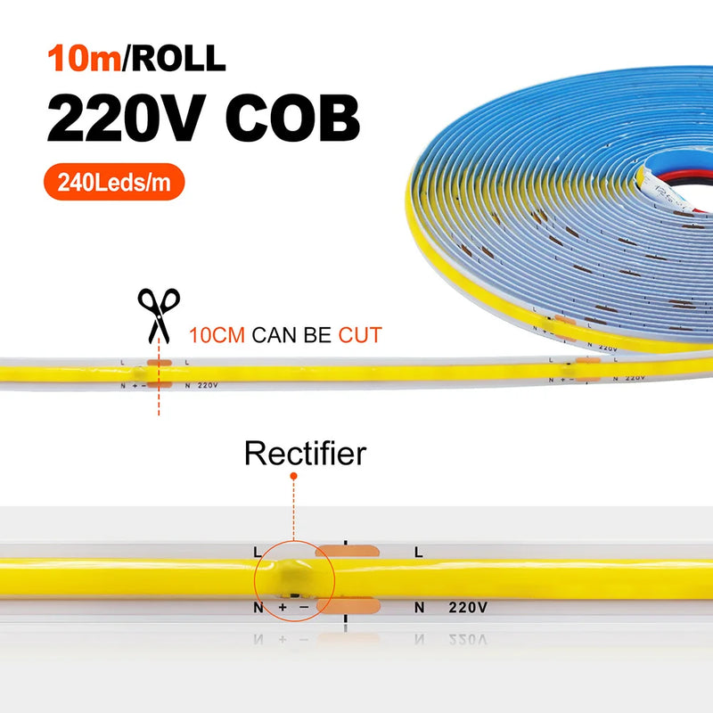 Bande LED COB 220 V – rouleau de 10 m, coupe tous les 10 cm et redresseur intégré