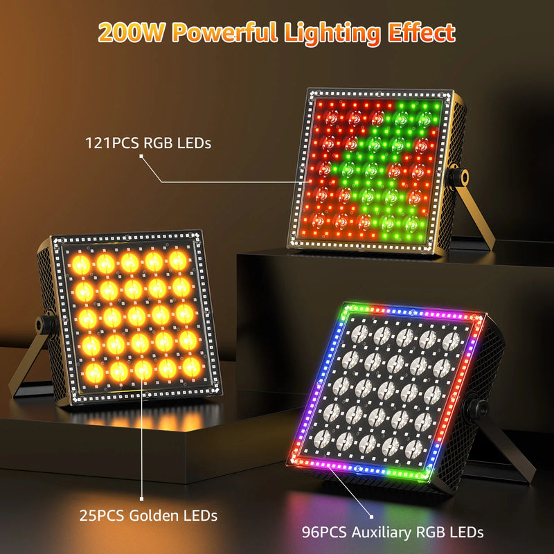 Projecteur LED carré 200 W laveur de mur – 25 LED dorées, 121 LED RGB et 96 LED RGB de cadre