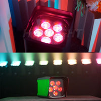 Uplight PAR LED sur batterie 6 x 18 W – faces à six LED allumées en rose et en rouge, rangée de projecteurs