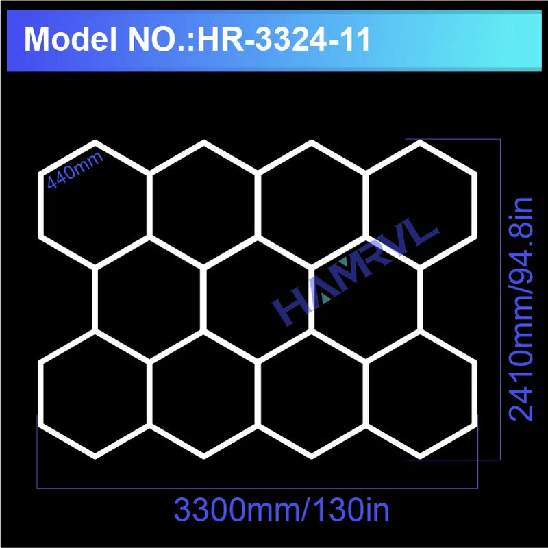 Plafonnier hexagonal LED – modèle de 11 hexagones, 330 x 241 cm