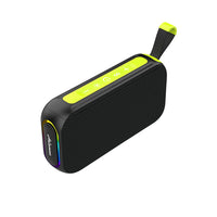 Enceinte Bluetooth lumineuse portable – version noir et jaune fluo, vue arrière avec embout RGB