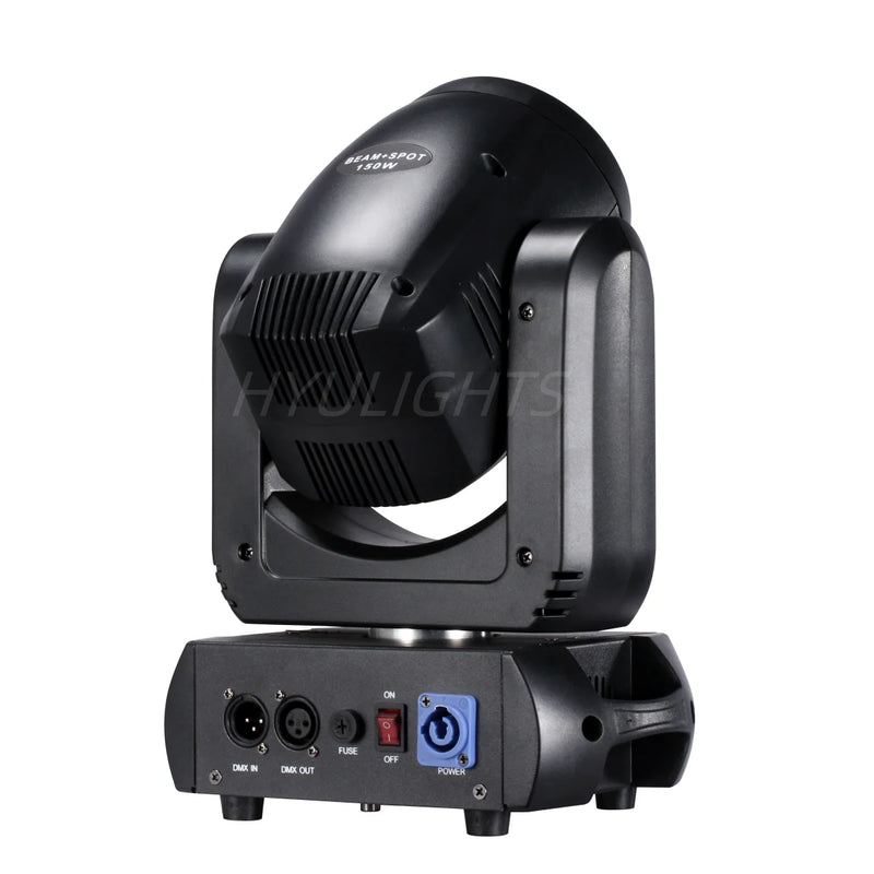 Lot de 2 mini lyres LED beam et spot 150 W – lyre vue de trois quarts avec connecteurs DMX et alimentation