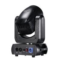 Mini lyre LED beam spot 150 W – vue trois quarts avec connecteurs DMX et alimentation