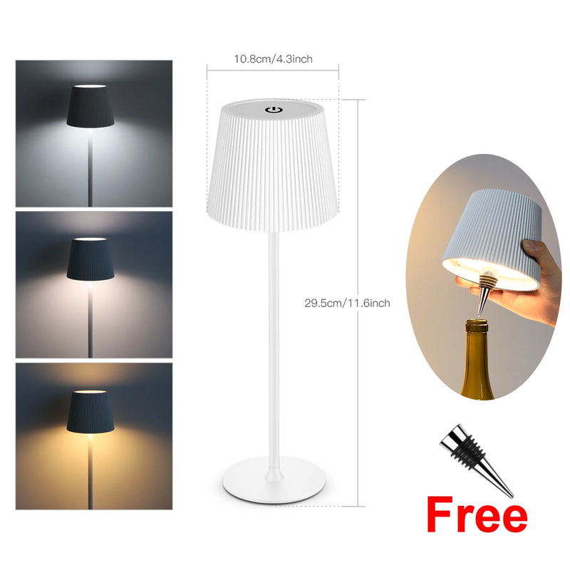 Lampe de table sans fil sur bouteille – version coque blanche, trois teintes de blanc, avec dimensions
