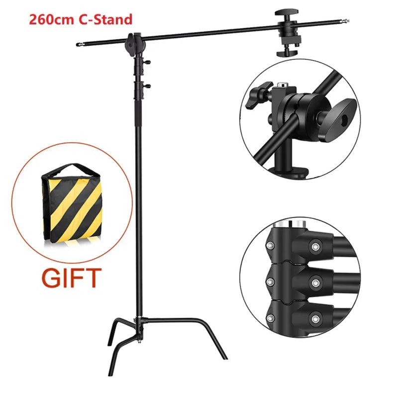 C-stand 2,6 m – C-stand noir de 260 cm avec sac de lest et détails des rotules