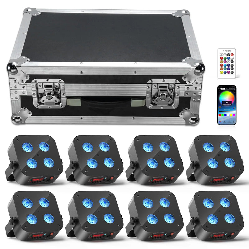 Projecteur PAR LED sur batterie 4 x 18 W, lot de 8 avec flight case de charge