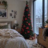 Sapin de Noël pliant pré-décoré en rouge, 150, 180 ou 210 cm, avec ou sans guirlande LED USB