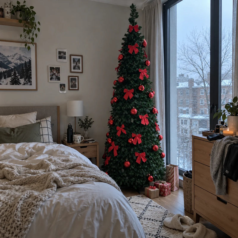 Sapin de Noël pliant pré-décoré en rouge, 150, 180 ou 210 cm, avec ou sans guirlande LED USB