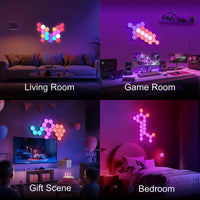 Panneaux LED hexagonaux muraux – décor lumineux dans un salon, une salle de jeux et une chambre