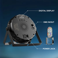 Lot de 4 projecteurs PAR LED 27 x 8 W RGBW – face arrière : afficheur, entrée et sortie DMX, prise d'alimentation, télécommande
