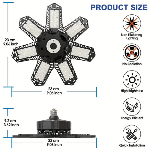 Ampoule LED de garage déformable 7+1 panneaux orientables, culot E26/E27