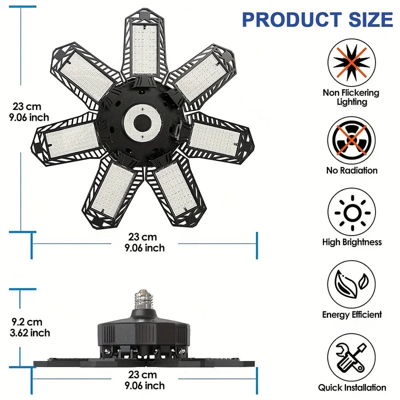 Ampoule LED de garage déformable 7+1 panneaux orientables, culot E26/E27