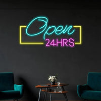 Panneau lumineux ouvert 24h en néon LED, Open 24HRS avec cadre jaune, 45 cm