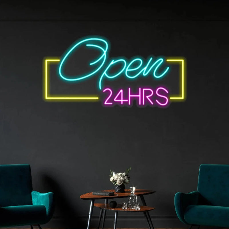 Panneau lumineux ouvert 24h en néon LED, Open 24HRS avec cadre jaune, 45 cm
