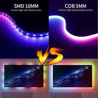 Bande LED adressable WS2812B – comparaison COB 5 mm et ruban à points derrière une télévision