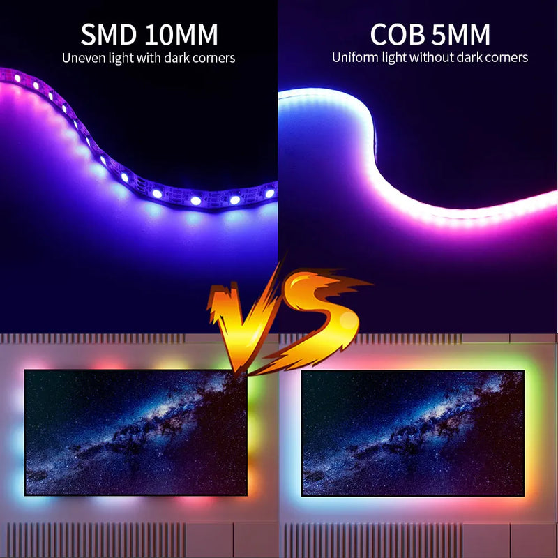 Bande LED adressable WS2812B – comparaison COB 5 mm et ruban à points derrière une télévision