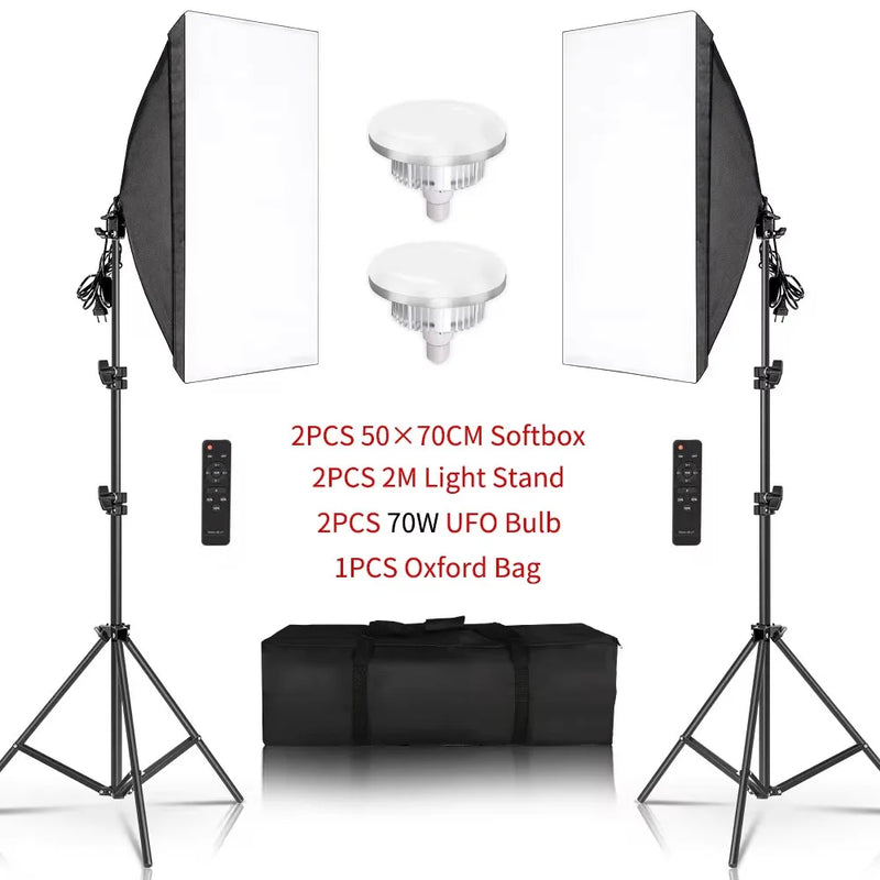 Kit éclairage continu softbox 50x70 cm – kit à 2 softbox, 2 ampoules UFO 70 W, 2 télécommandes et sac
