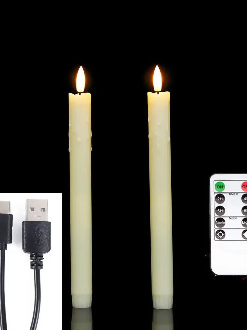 Bougies LED coniques rechargeables – deux bougies beiges avec télécommande et câble de charge
