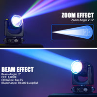 Lyre LED 200 W à anneau arc-en-ciel – zoom de 2° à 5° et faisceau de 2°