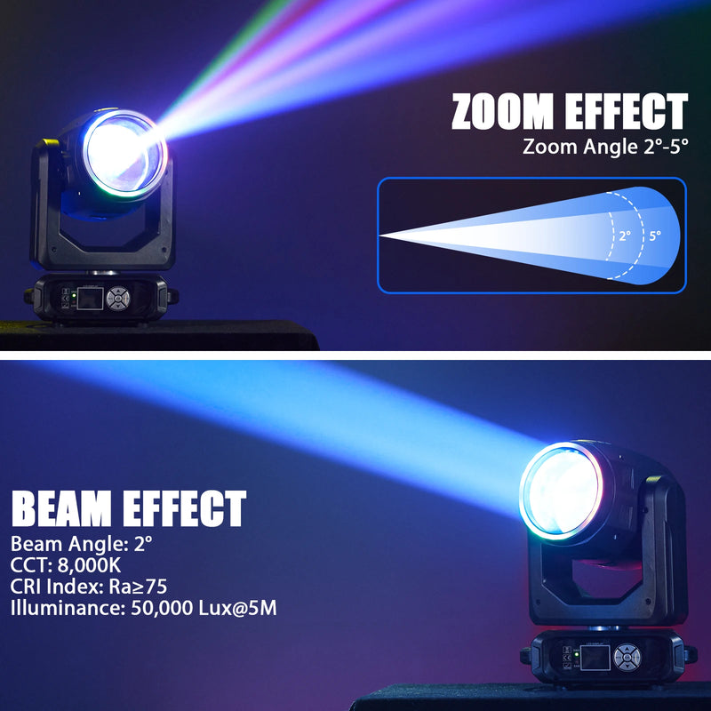Lyre LED 200 W à anneau arc-en-ciel – zoom de 2° à 5° et faisceau de 2°