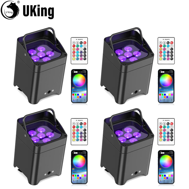 Lot de 4 uplights sans fil noirs avec télécommandes et application, visuel de présentation
