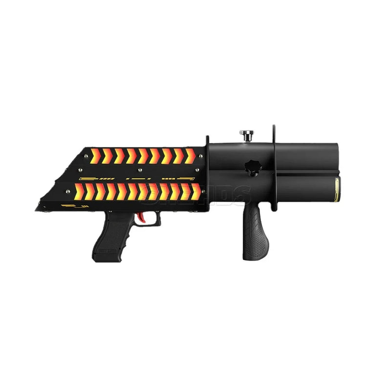Pistolet à confettis électrique à 3 tubes, effets LED orange, vue de profil