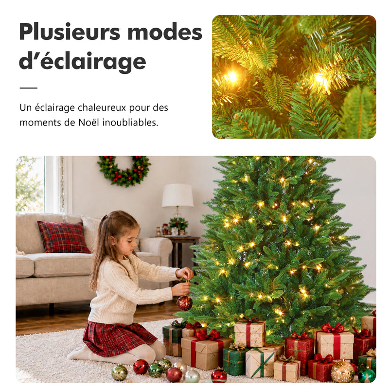 Sapin lumineux artificiel 180 à 235 cm, LED blanc chaud, pied en bois
