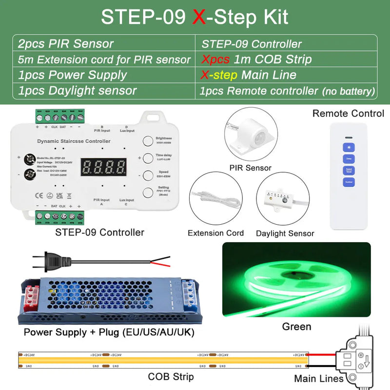Bande LED escalier COB à détecteur de mouvement – kit en vert