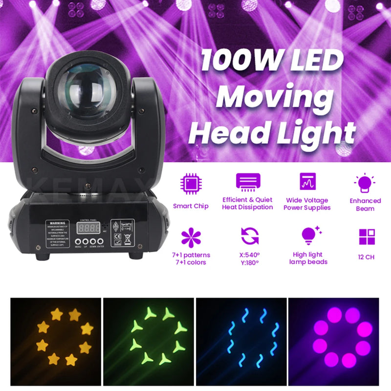 Mini lyre LED beam 100 W – 7 gobos, 7 couleurs et 12 canaux DMX