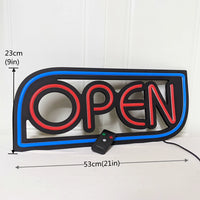 Panneau lumineux OPEN – modèle OPEN rouge, cadre bleu, 53 x 23 cm