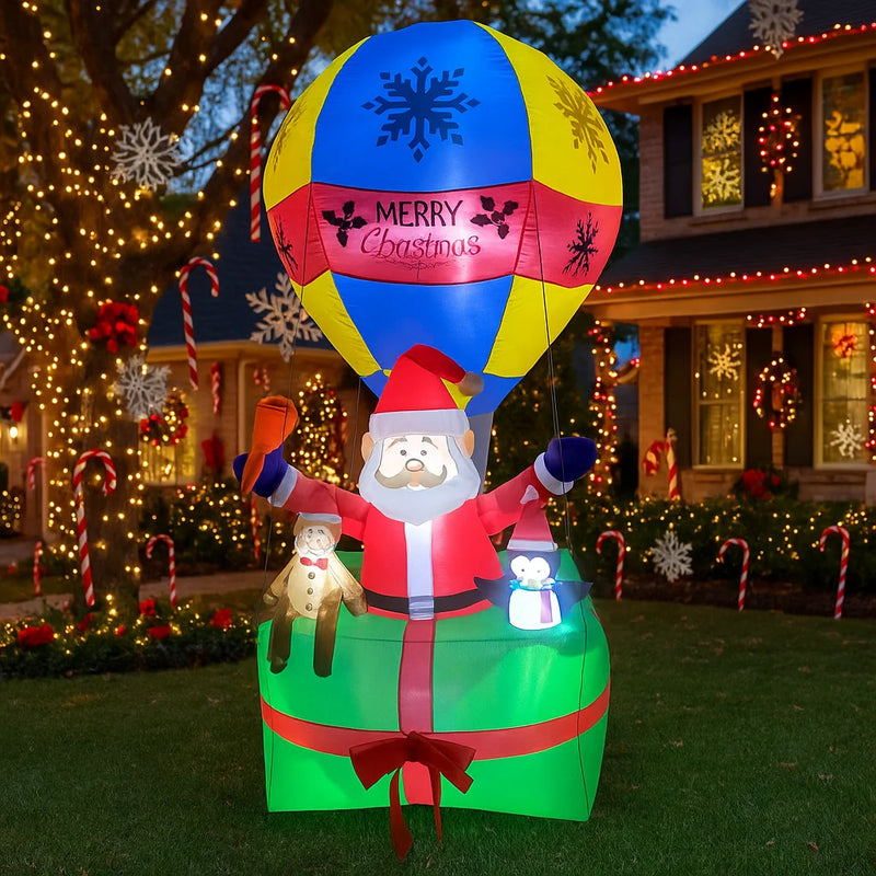 Père Noël gonflable en montgolfière sur boîte-cadeau, lumineux, 2,7 m de haut
