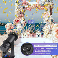 Machine à confettis électrique LED – confettis devant une arche de mariage, portée de 4 à 5 m et angle de 180°