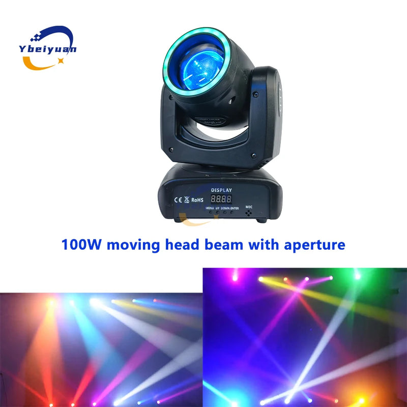 Mini lyre LED 100 W – vue de face et effets de faisceaux et de gobos
