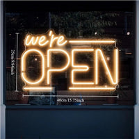 Enseigne néon We're OPEN – version blanc chaud, dimensions 40 x 25 cm