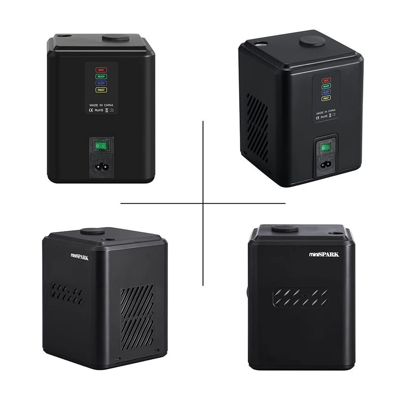 Machine à étincelles froides 350 W – boîtier noir vu sous quatre angles