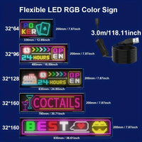Panneau LED défilant flexible – tableau des formats avec dimensions et câble USB