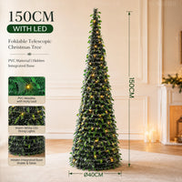 Sapin lumineux pliable télescopique à LED blanc chaud, 150 ou 180 cm