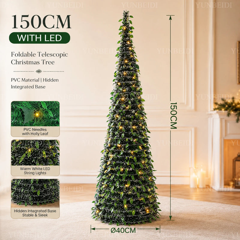 Sapin lumineux pliable télescopique à LED blanc chaud, 150 ou 180 cm
