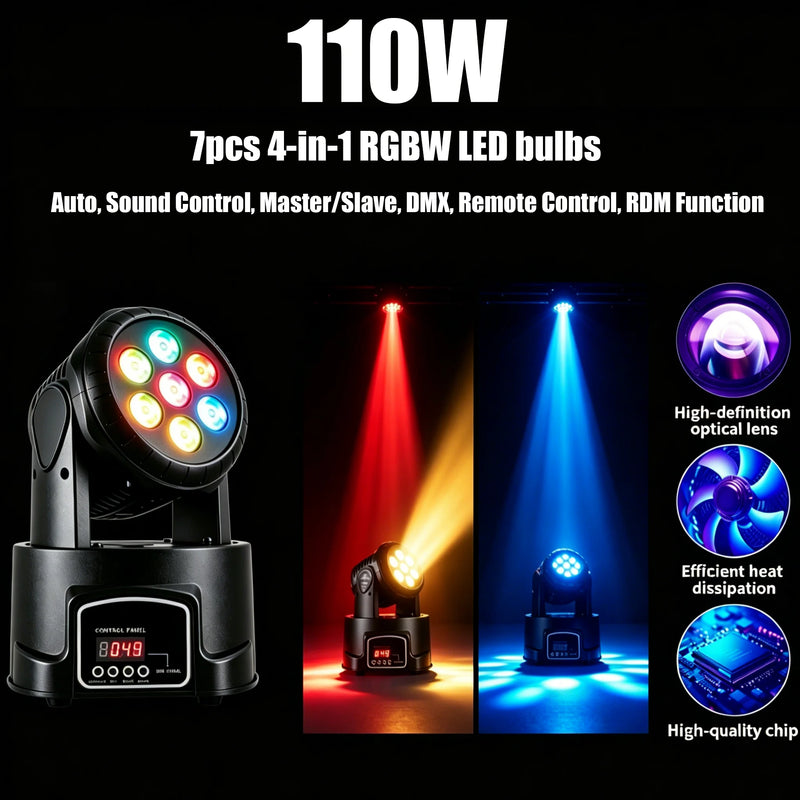 Mini lyre LED wash 7 LED RGBW – lyre vue de face et exemples de faisceaux colorés