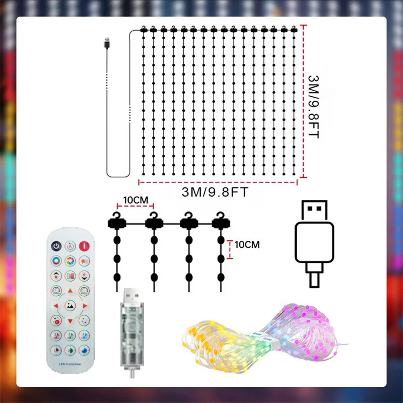 Rideau lumineux de Noël pour façade – schéma des dimensions 3 x 3 m