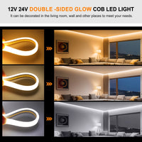 Ruban LED néon COB double face IP65 – ruban en trois teintes dans un salon, une chambre et un coin télé