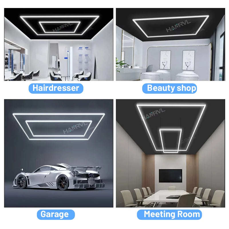 Plafonnier LED garage à cadre rectangulaire, simple ou double, de 46 x 92 à 230 x 460 cm