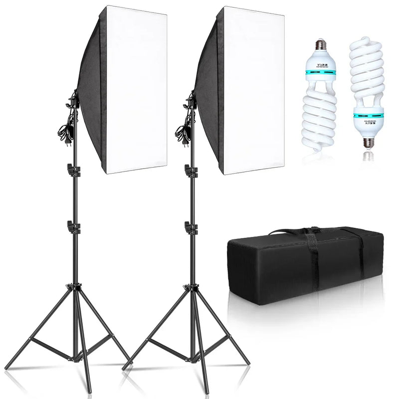 Kit éclairage continu softbox 50x70 cm – kit à 2 softbox avec 2 ampoules spirales 135 W et sac