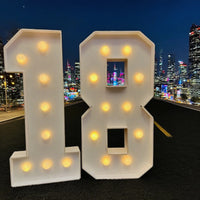 Chiffre lumineux géant 91,5 cm en carton mousse – chiffres 18 allumés devant un décor de ville de nuit