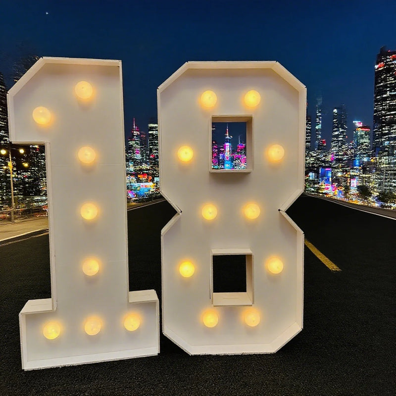Chiffre lumineux géant 91,5 cm en carton mousse – chiffres 18 allumés devant un décor de ville de nuit