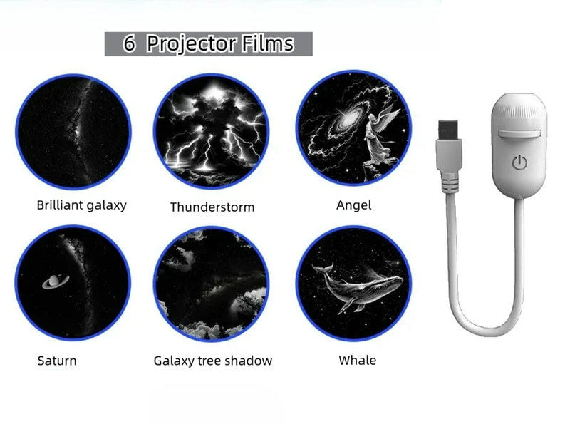 Projecteur d'étoiles USB à veilleuse chaude – lampe et 6 films