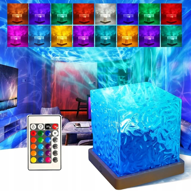 Lampe projecteur effet vagues LED 16 couleurs, cube cristal 11 cm, télécommande